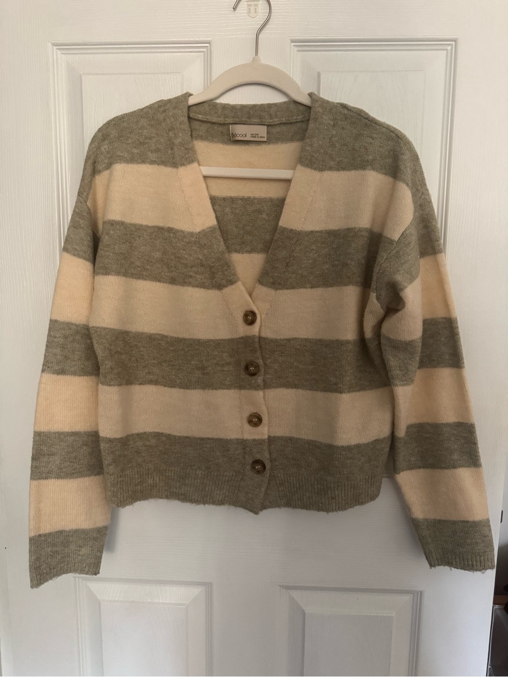 Striped V-Neck Button Cardigan in Olive and Cream